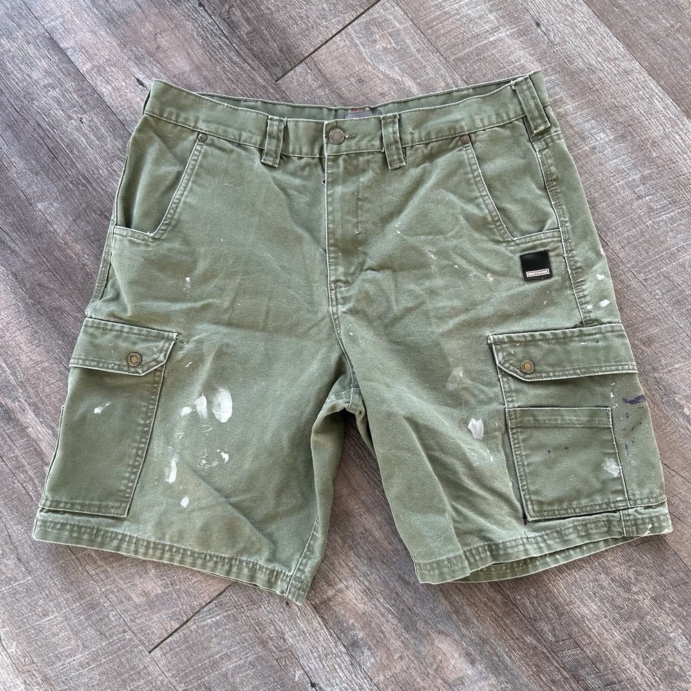 Vintage Y2K Craftsman Canvas Cotton Paint Splatter Carpenter Shorts Olive 38